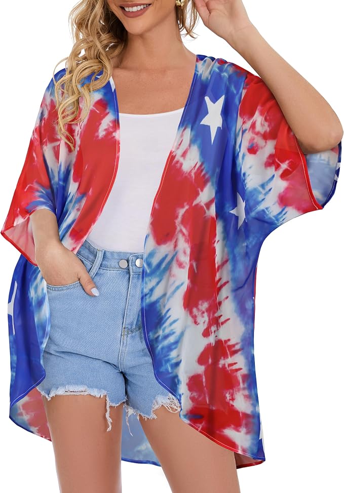 Women's Floral Print Puff Sleeve Kimono Cardigan Loose Cover Up Casual Blouse - Image 5