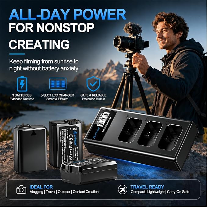 Artman NP-FW50 Battery 3-Pack and Upgraded 3-Slot ZV-E10 Battery LCD Charger - Image 8