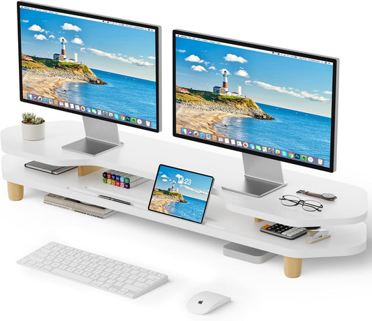 2 Tier White Dual Monitor Stand Riser,Wider Board Computer Monitor Stand for 2 Monitors,Slot For Phone/Tablet Office Desktop Organizer for Laptop,PC,Computer,Printer,White