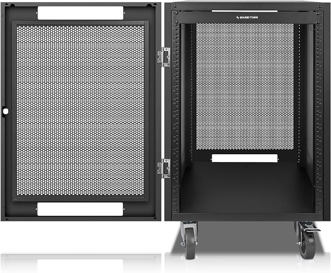Sound Town 16U Universal Steel Rack, w/Mesh Doors, Locking Casters, Vented Side by SOUNDTOWN