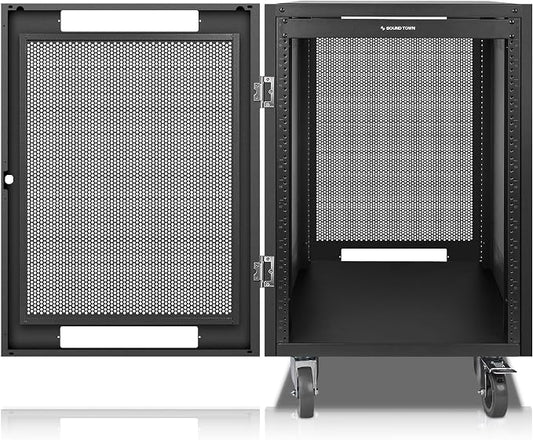 Sound Town 16U Universal Steel Rack, w/Mesh Doors, Locking Casters, Vented Side by SOUNDTOWN