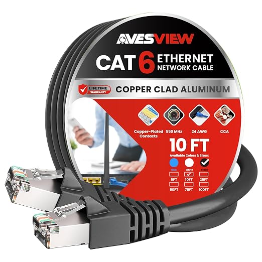 Shielded CAT 6 Ethernet Cable 10FT, Indoor High-Speed 10Gbps Snagless 10 FT by AvesView