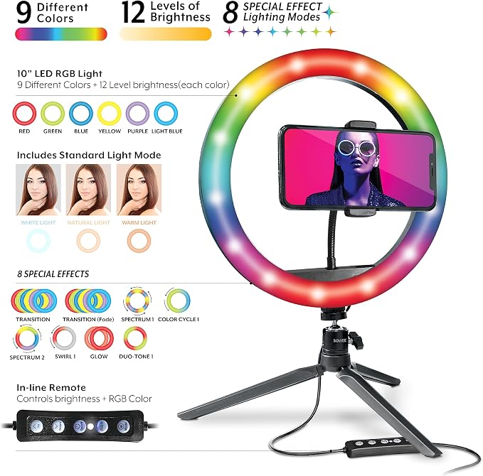 Bower 10 inch RGB Selfie Desktop Ring Light Stand Studio Kit - Image 3