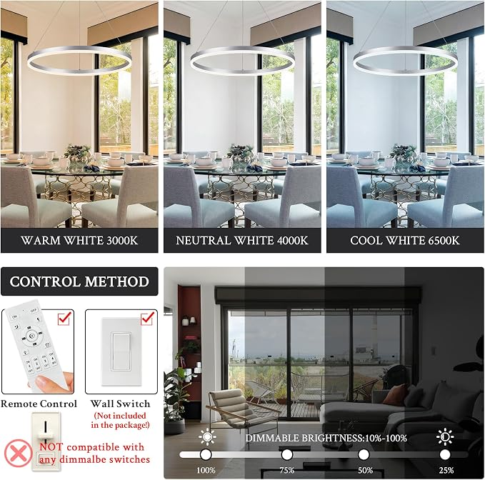 Modern LED Pendant Lighting Ring Chandelier Silver Dimmable LED Chandelier - Image 2