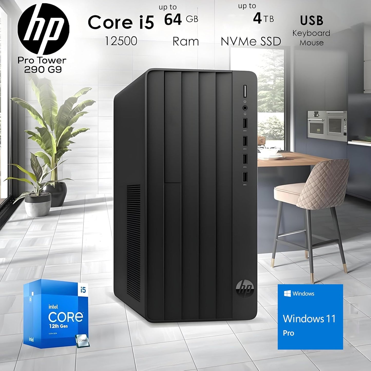 HP Desktop Computers Tower PC for Home Business Student, Intel 6-Core i5-12500 (Beat i7-11700), 16GB DDR4 RAM, 512GB PCIe SSD, WiFi, Bluetooth, RJ-45, Keyboard and Mouse, Windows 11 Pro, Wendbo