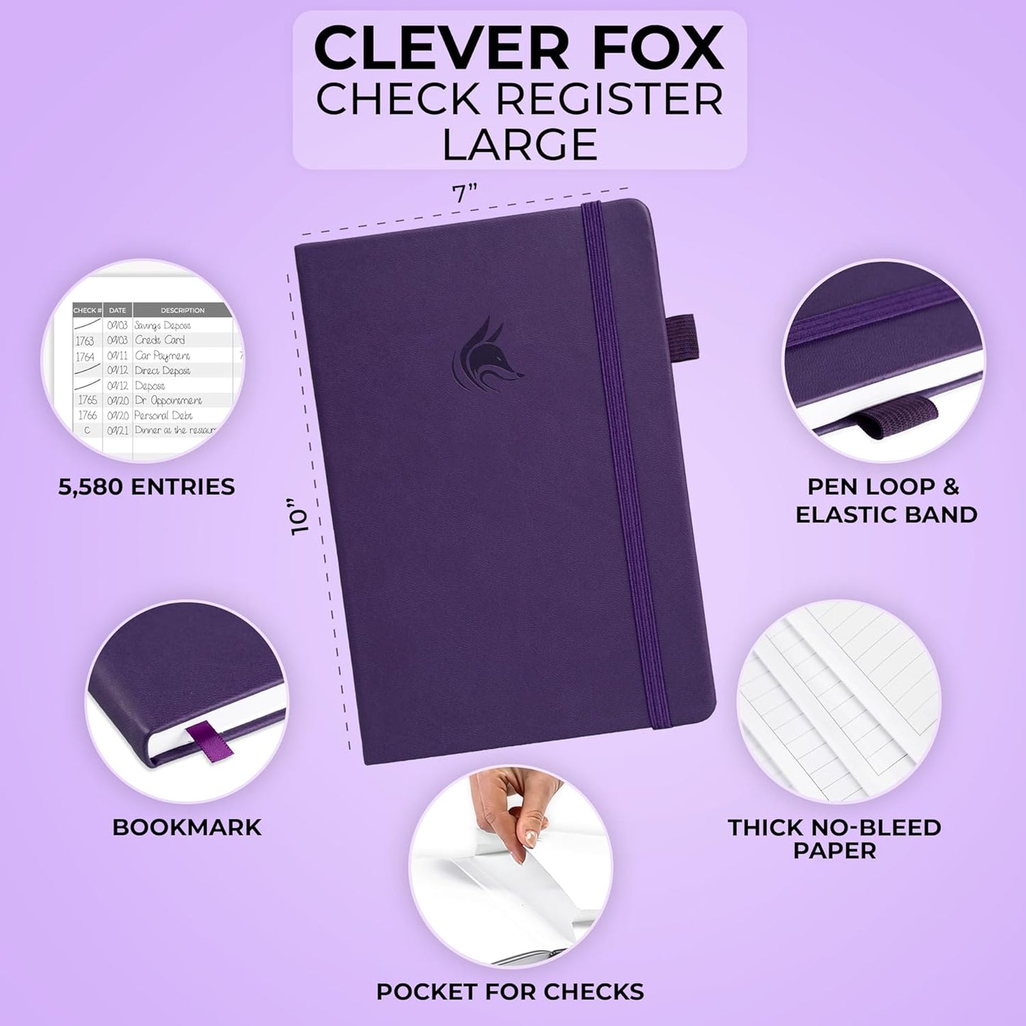 Clever Fox Check Register Book - Deluxe Transaction Register, Accounting Ledger Book, Checkbook Register & Checking Account Register Book for Personal and Work Use, Large Size, 7x10” - Purple