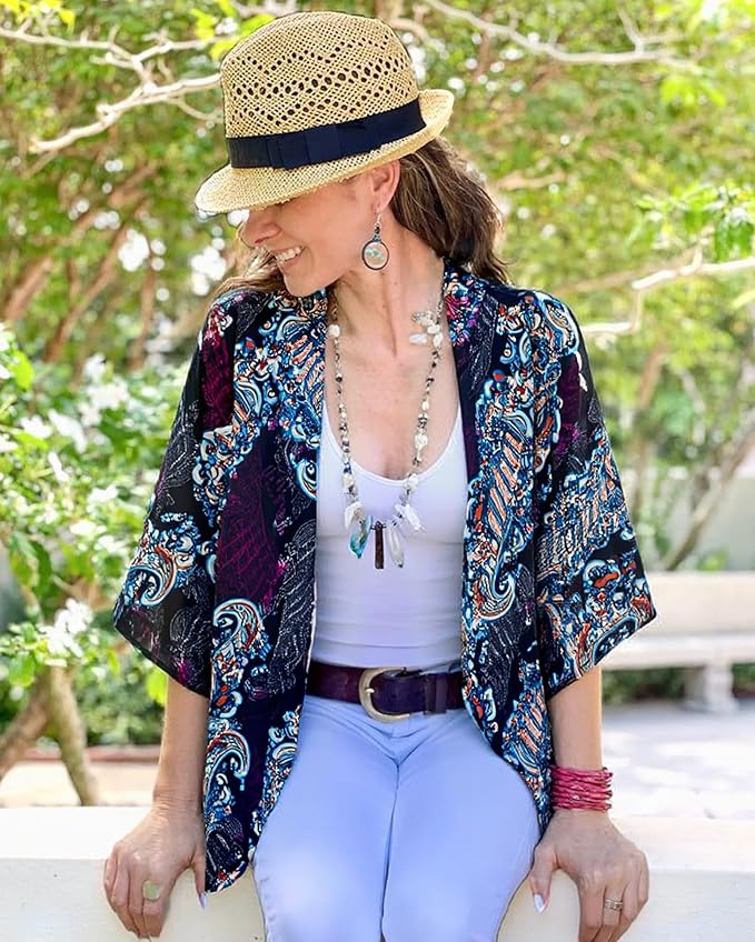 Women's Floral Print Puff Sleeve Kimono Cardigan Loose Cover Up Casual Blouse - Image 2