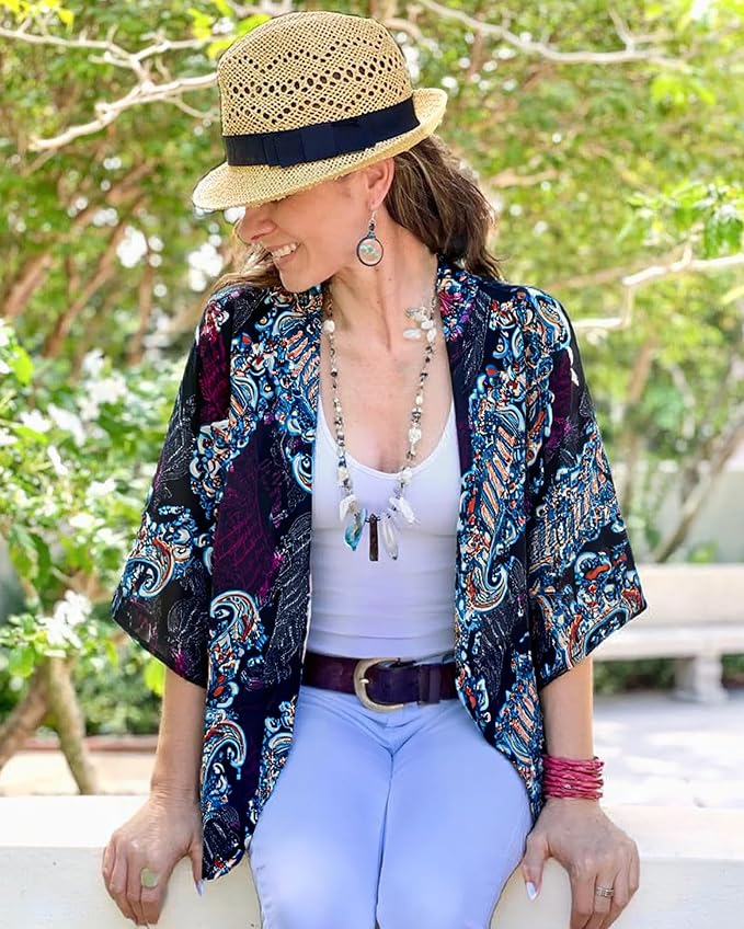Women's Floral Print Puff Sleeve Kimono Cardigan Loose Cover Up Casual Blouse - Image 2