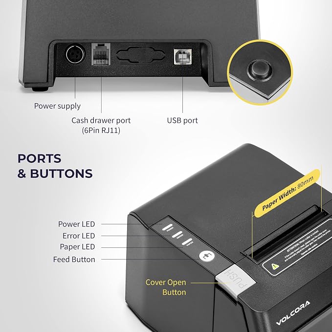 Volcora Thermal Receipt Printer, 80mm POS Printer w/Auto Cutter, USB/Bluetooth - Image 4