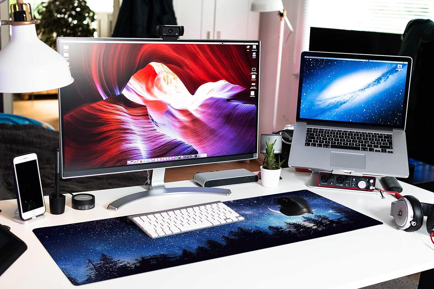 Extended Large Gaming Mouse Pad Starry Sky in The Forest XXL Size Keyboard Mouse Mat Desk Pad with Non Slip Rubber Base Stitched Edges Office Decor for Women Girls Men,35.4 x 15.7inch