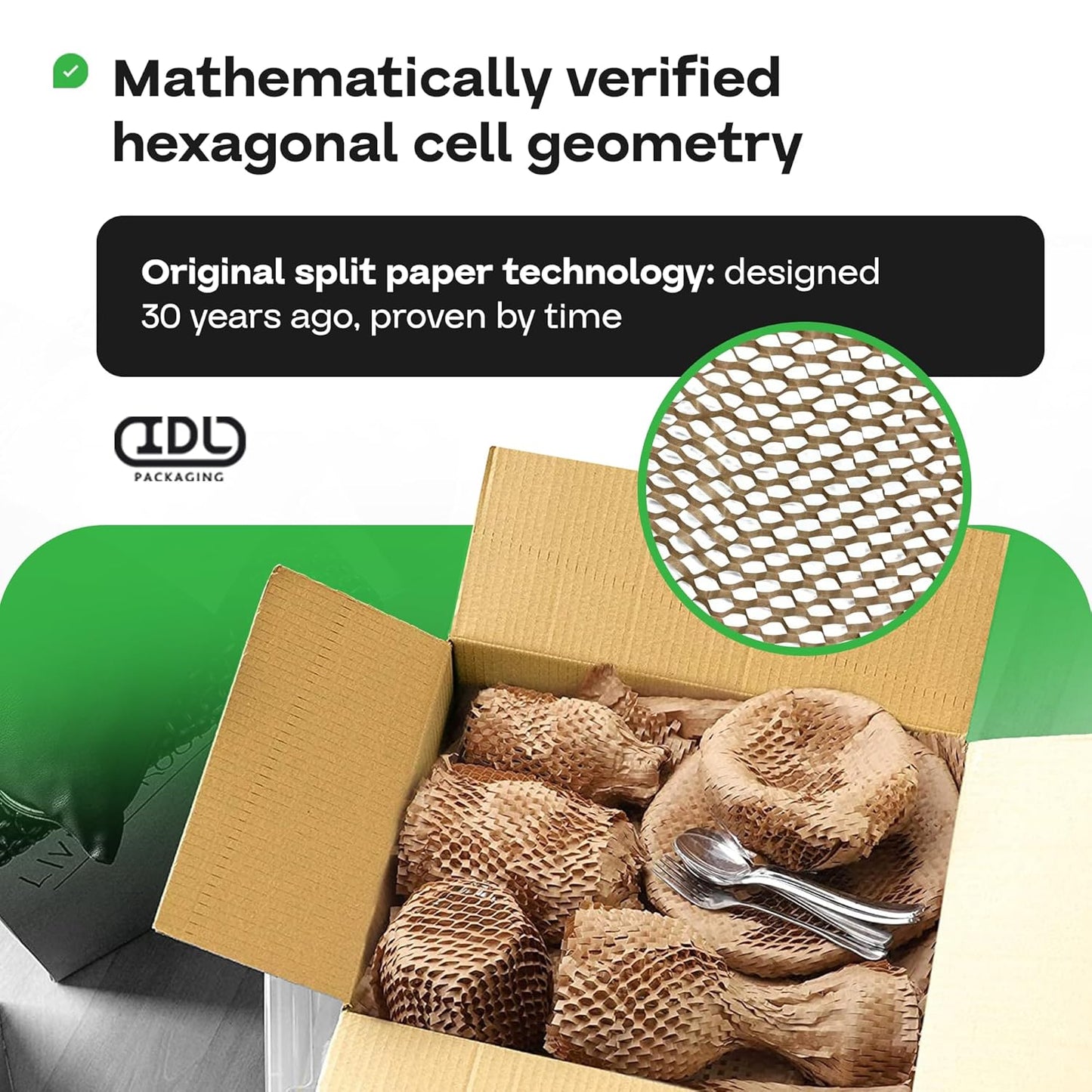 IDL Packaging Original HexcelWrap Honeycomb Packing Kraft Paper 15.25" x 1400' Roll in Self-Dispensed Box, White - The First Patented Interlocking Slit Paper Design for Shipping