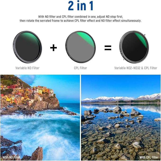 NEEWER 2 in 1 55mm Variable ND Filter ND2–ND32&CPL Filter No X Cross/30 Layer - Image 2