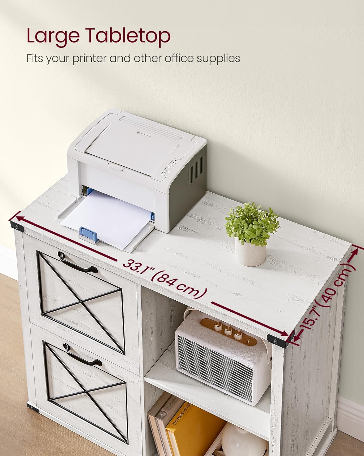 VASAGLE Lateral File Cabinet, Filing Cabinet with 2 Drawers, Printer Stand, 2 Open Compartments, Fit A4, Letter Size, Hanging File Folders, for Home Office, Farmhouse Style, Rustic White UOFC049T73