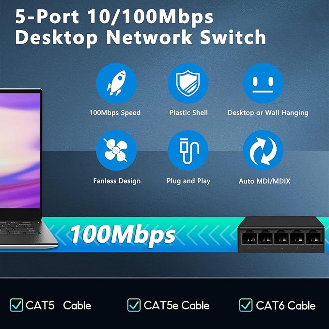 5 Port Fast Ethernet Switch 100Mbps USB 5V Powered Black Plastic Desktop - Image 5