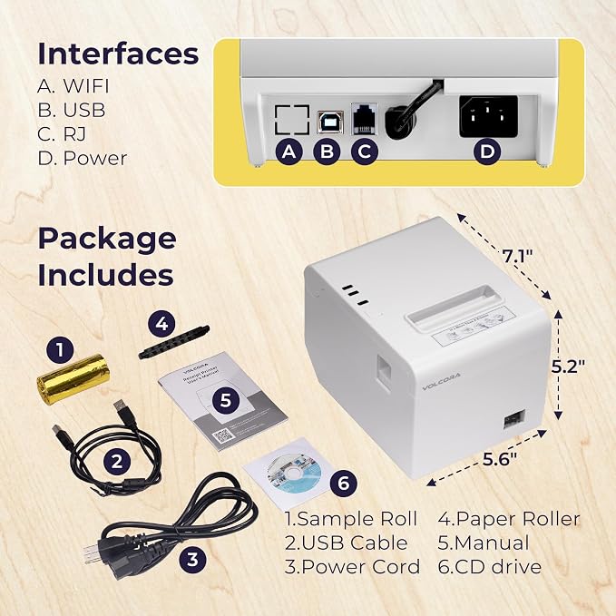 Volcora Thermal Receipt Printer, 80mm POS Printer w/Auto Cutter, USB/WiFi - Image 5