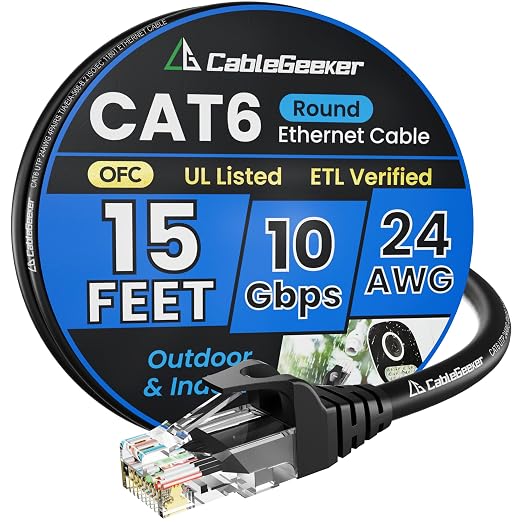 Cat 6 Ethernet Cable 15 ft, Indoor&Outdoor, High Speed 10Gbps 24AWG Pure Copper by CableGeeker