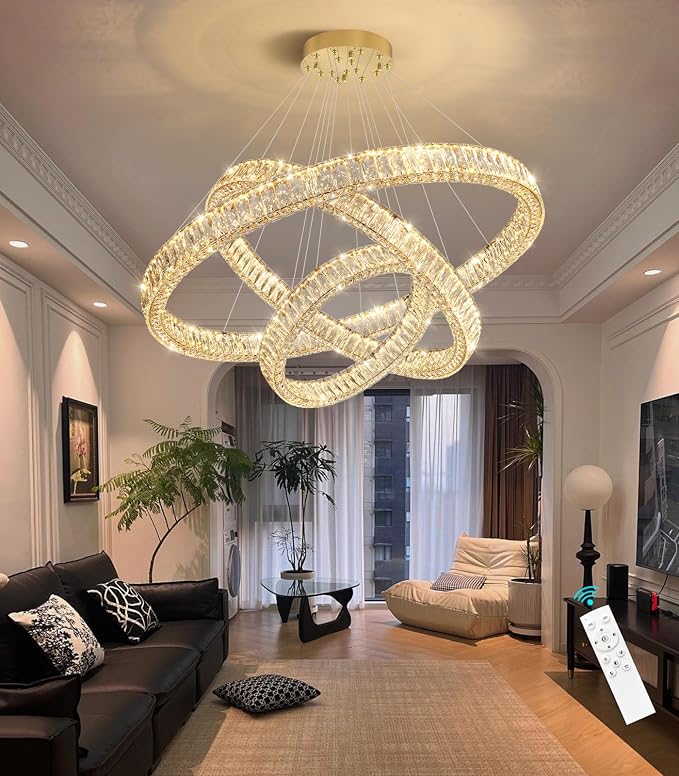 HAIXIANG Large Glam Chandelier Crystal LED 3 Rings Chandeliers Adjustable by HAIXIANG