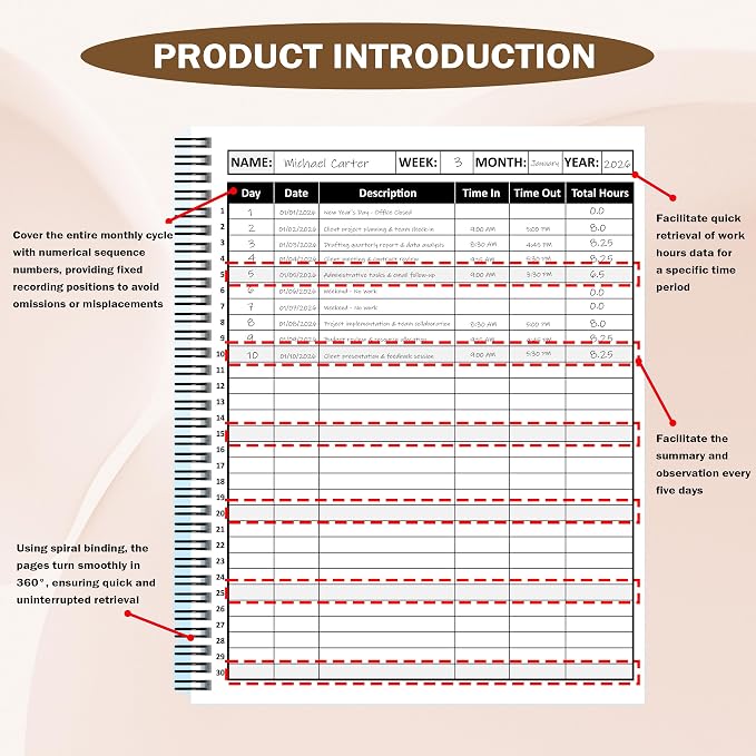 3 Pcs Daily Time Sheet Log Book Spiral 120 Pages 8.5x11 Inch Binder Work Hours - Image 4