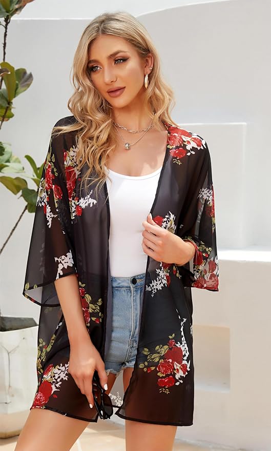 Women's Floral Print Puff Sleeve Kimono Cardigan Loose Cover Up Casual Blouse - Image 3