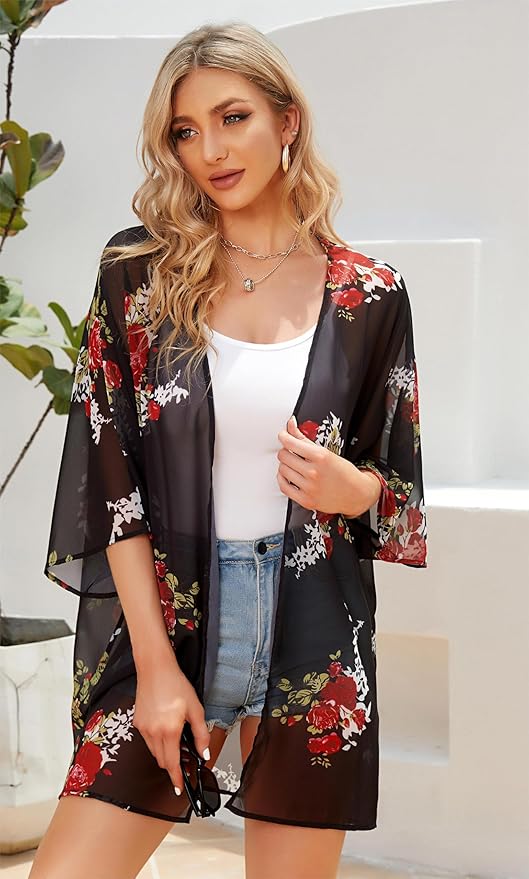 Women's Floral Print Puff Sleeve Kimono Cardigan Loose Cover Up Casual Blouse - Image 3