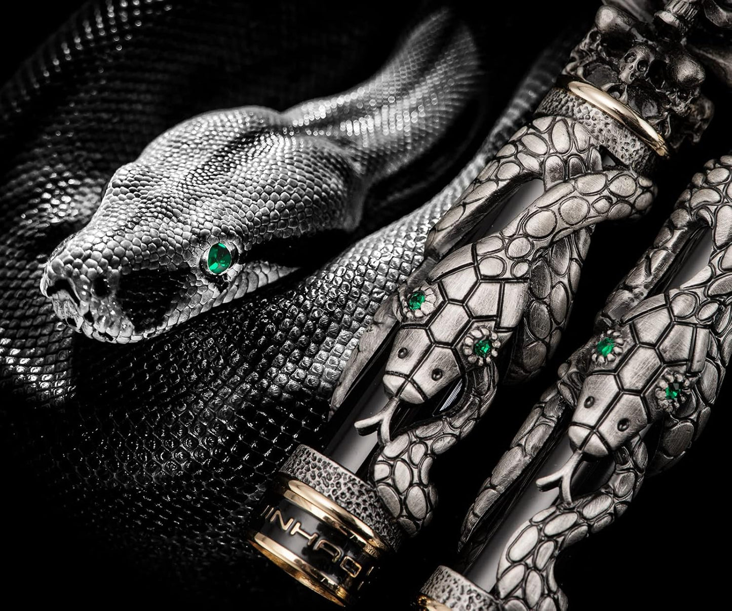 Jinhao Black Snake Fountain Pen Extra Fine Nib Retro Style with Skull Head Solid Metal and Paper Pen Case Set