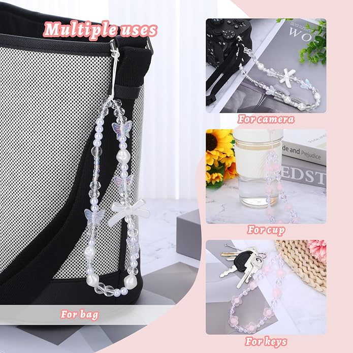 Pink Beaded Phone Wrist Straps, Y2K Phone Case Charms Camera Charm Strap - Image 3
