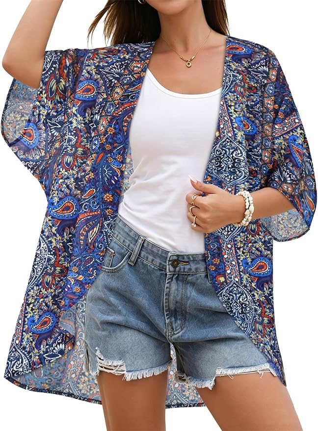 Women's Floral Print Puff Sleeve Kimono Cardigan Loose Cover Up Casual Blouse by CHICGAL