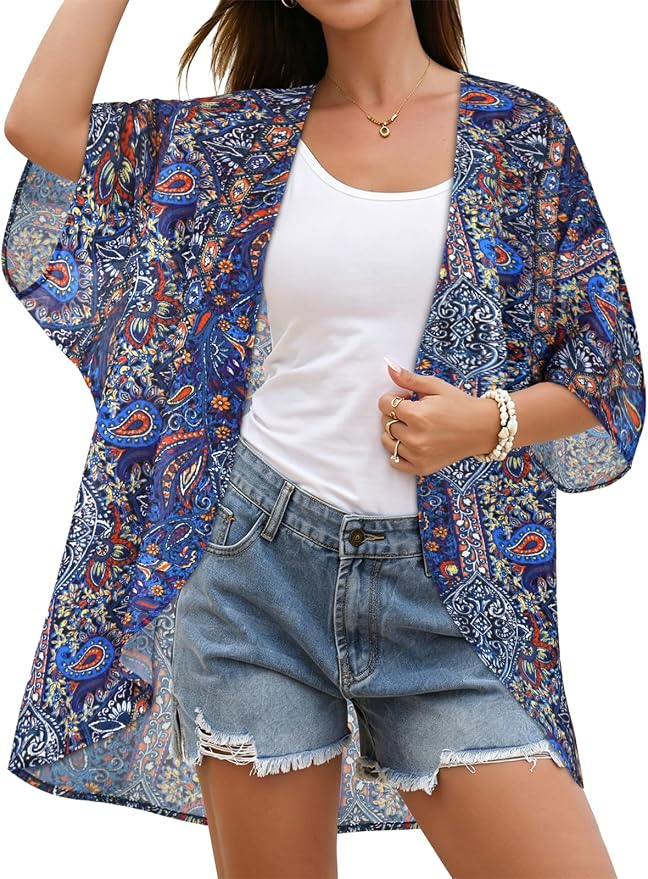 Women's Floral Print Puff Sleeve Kimono Cardigan Loose Cover Up Casual Blouse by CHICGAL