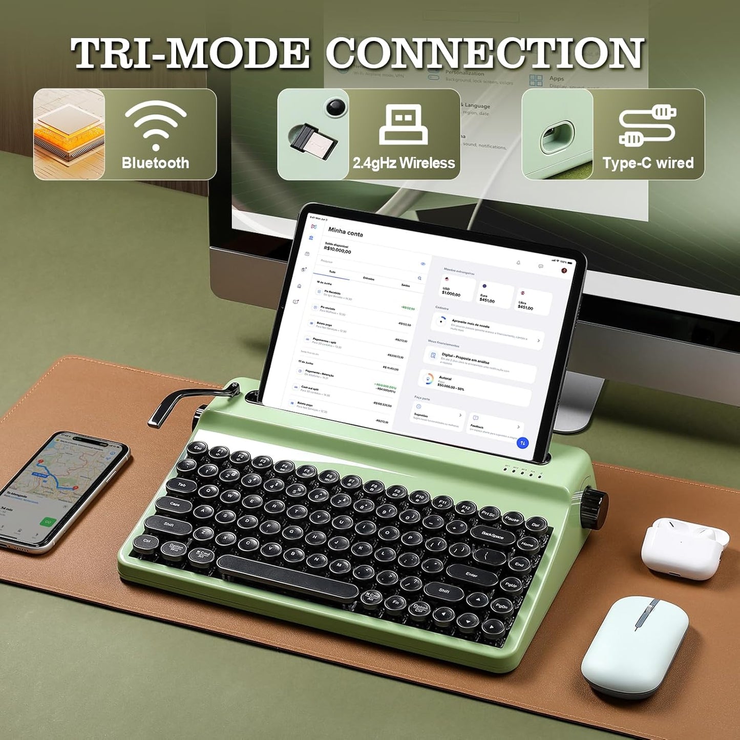 YUNZII QL75 Wireless Typewriter Hot Swap Retro Mechanical Keyboard,Punk Round Keycaps,RGB Backlit QMK/VIA Programmable,Multi-Device Keyboard with 2.4GHz/Type-C/BT5.0 (Green, Onyx Switch)
