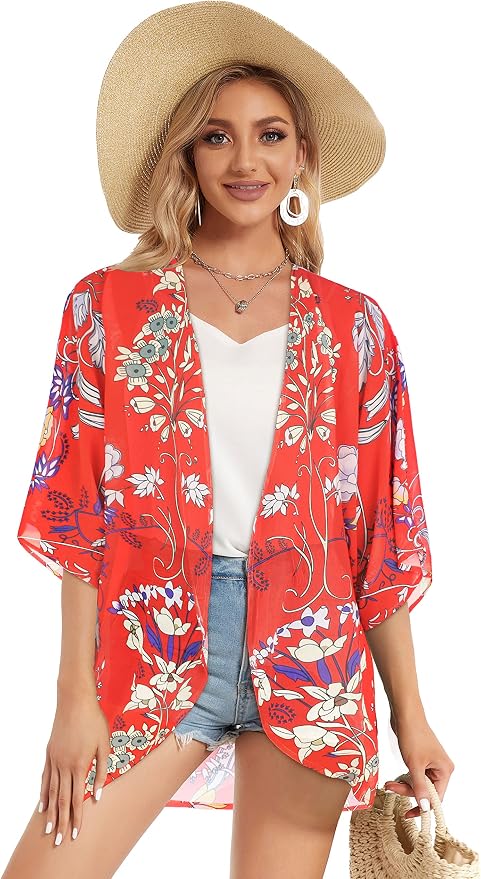 Women's Floral Print Puff Sleeve Kimono Cardigan Loose Cover Up Casual Blouse - Image 7