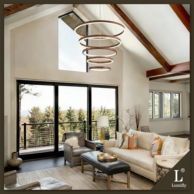 Modern LED Ring Chandelier 5-Light Chandelier Wood Grain Dimmable Round Foyer - Image 2