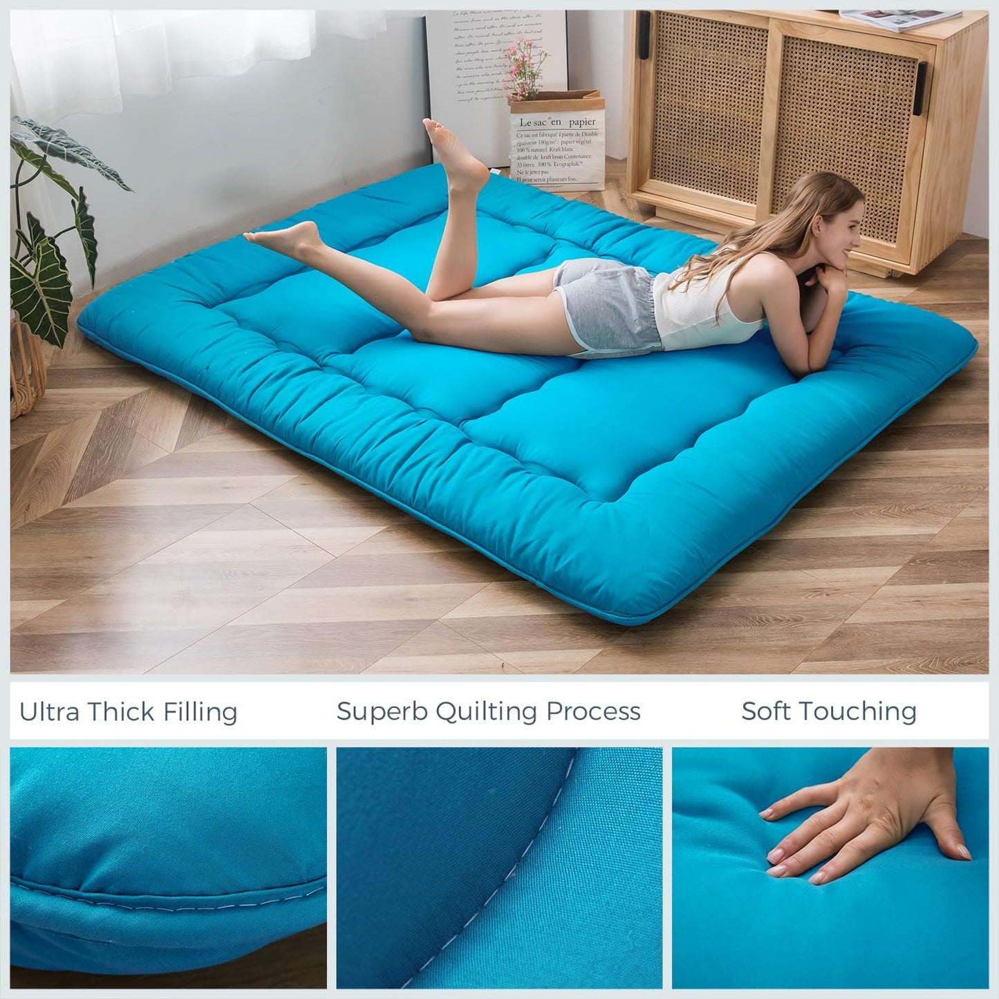 MAXYOYO Japanese Floor Mattress Futon Mattress, Thicken Tatami Mat Sleeping Pad Foldable Roll Up Mattress Boys Girls Dormitory Mattress Pad Kids Floor Lounger Bed Couches and Sofas, Turquoise, King
