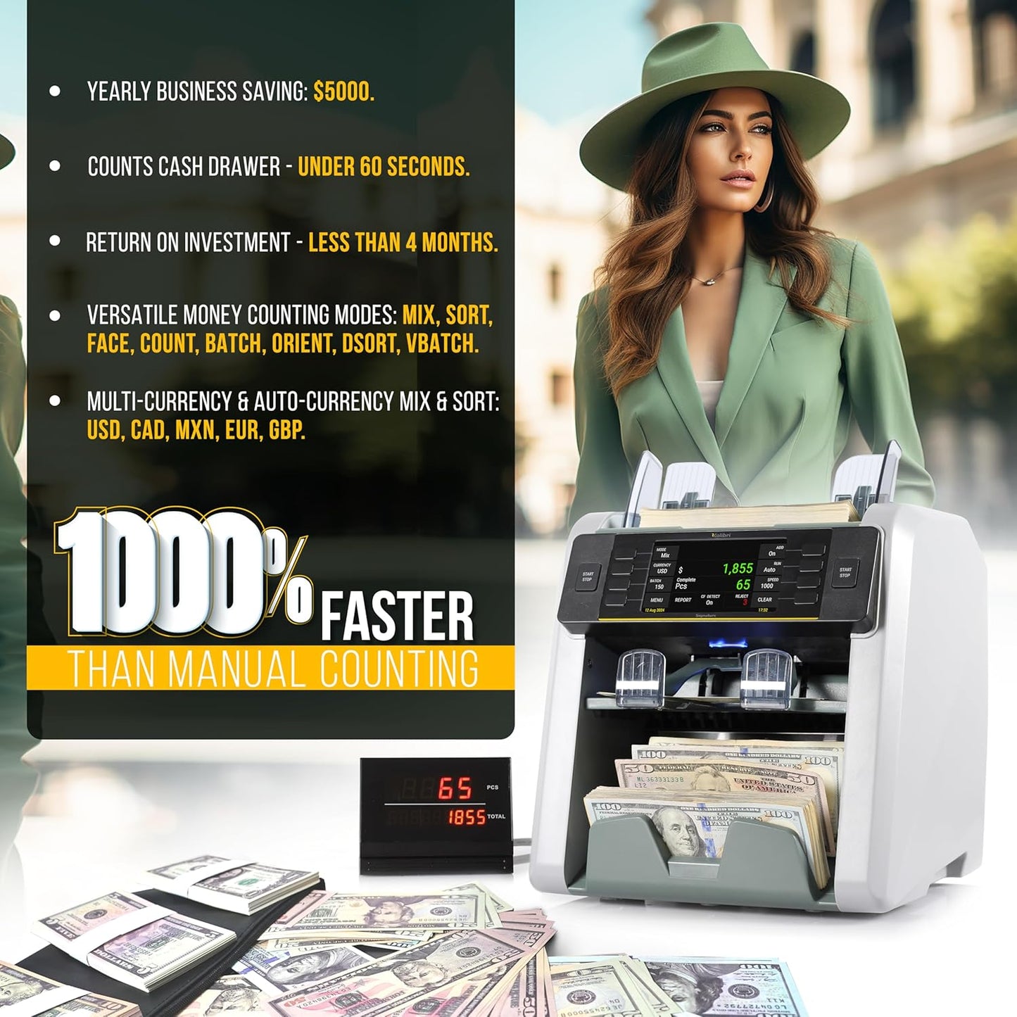 KOLIBRI Money Counter Machine, Signature Bank-Grade Mixed Denomination | 2-Pocket Cash Counter Machine, Currency Discriminator | 3-Year Manufacturer's Warranty | 2 CIS UV/MG IR/MT SN/DV IRT