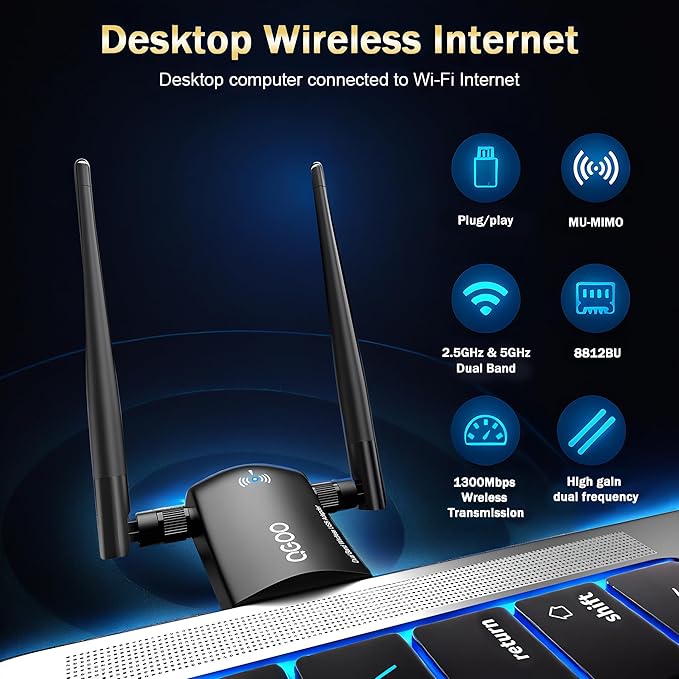WiFi Adapter for Desktop PC, QGOO Wireless AC1300Mbps USB 3.0 Network Dongle - Image 3