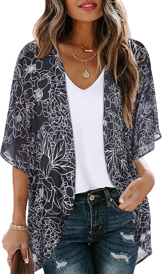 Women's Floral Print Puff Sleeve Kimono Cardigan Loose Cover Up Casual Blouse by CHICGAL