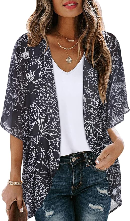 Women's Floral Print Puff Sleeve Kimono Cardigan Loose Cover Up Casual Blouse by CHICGAL
