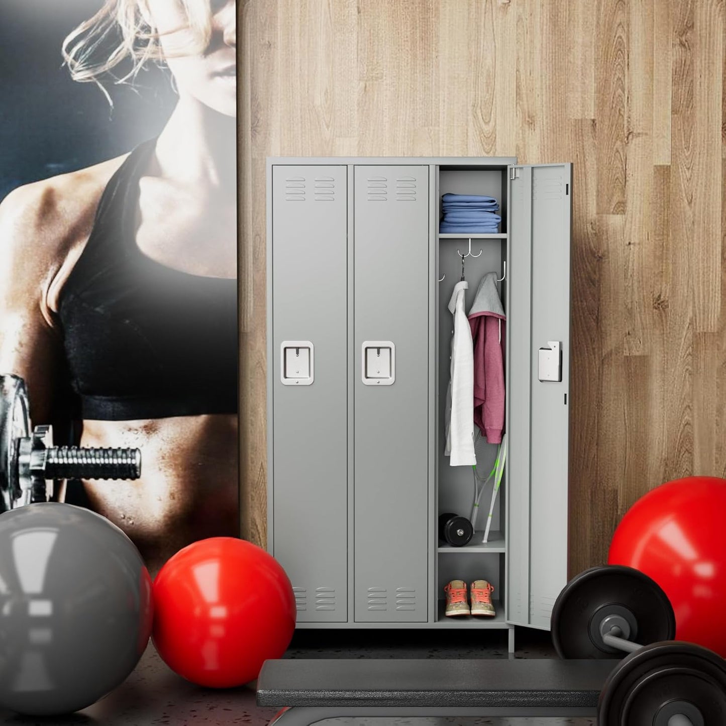 Metal Storage Locker with 3 Doors,Metal Locker for Employees with 9 Hooks for School Garage Office Gym Home,Assembly Required,Light Grey