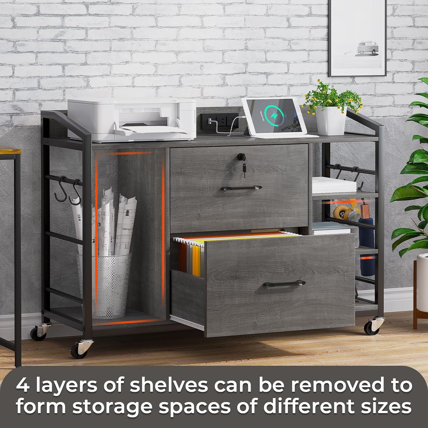 SEDETA 44" File Cabinet, Filing Cabinet fits Legal/Letter Size, 2 Drawer File Cabinets for Home Office with Lock, Power Strip, 6 Storage Shelves, Grey