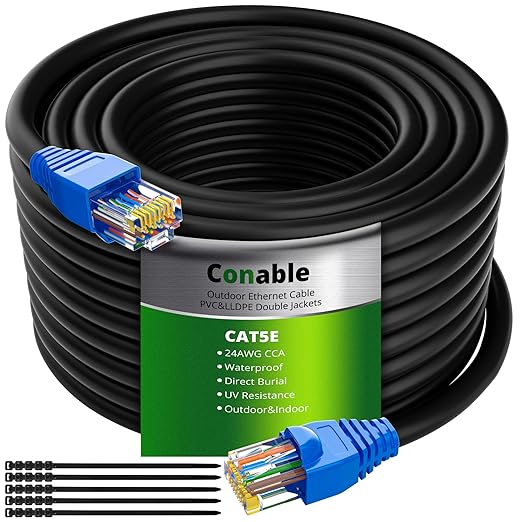 Cat5e Outdoor Ethernet Cable 200 Feet, Cat 5e Heavy Duty Internet Network LAN by Conable