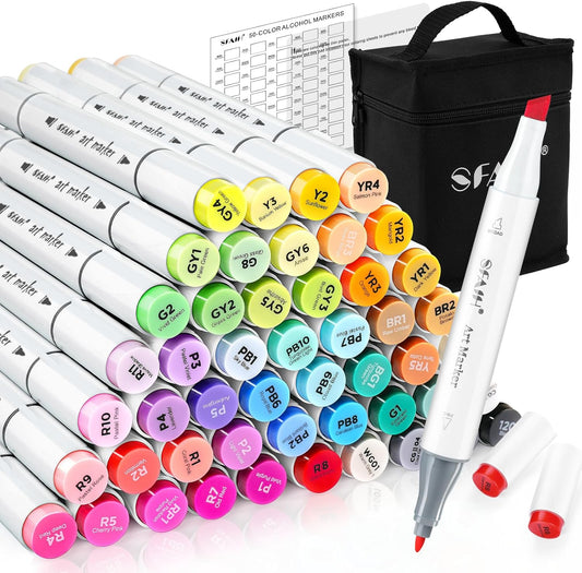 SFAIH Alcohol Markers Fine Tip & Chisel Tip - 49 Colors Double Tipped Art Markers for Adult Coloring Books Illustration, Gifts for Artist Adult - Refillable Alcohol-based Ink