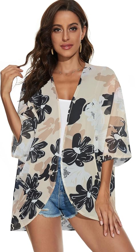 Women's Floral Print Puff Sleeve Kimono Cardigan Loose Cover Up Casual Blouse - Image 7
