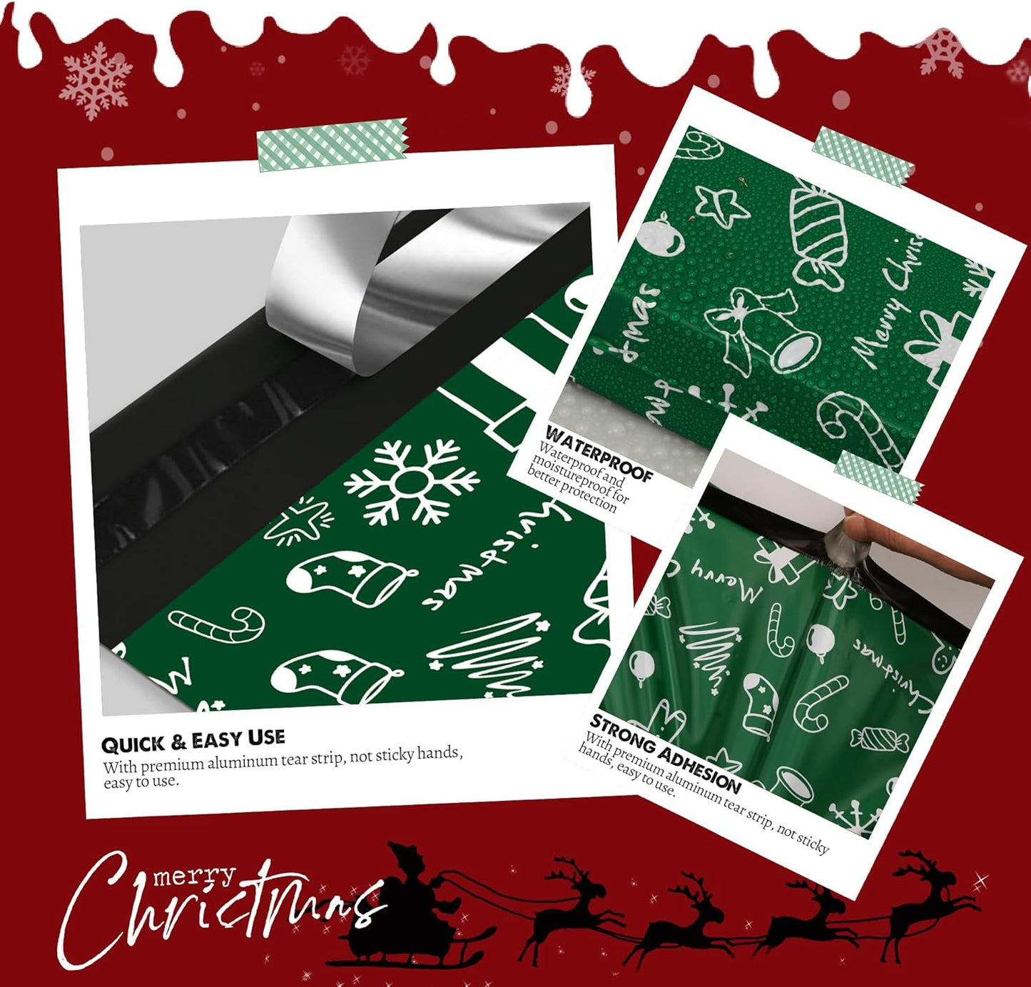 Christmas Poly Mailer - 6x9 Inch, 100 Pcs Waterproof Tear-Resistant Mailer Bags with Self-Seal - Green Merry Christmas