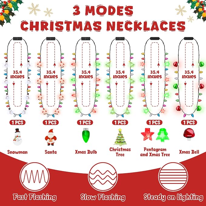 Traplace 6PCS Christmas Light Necklace Light up, 3 Glow Modes Festive - Image 2