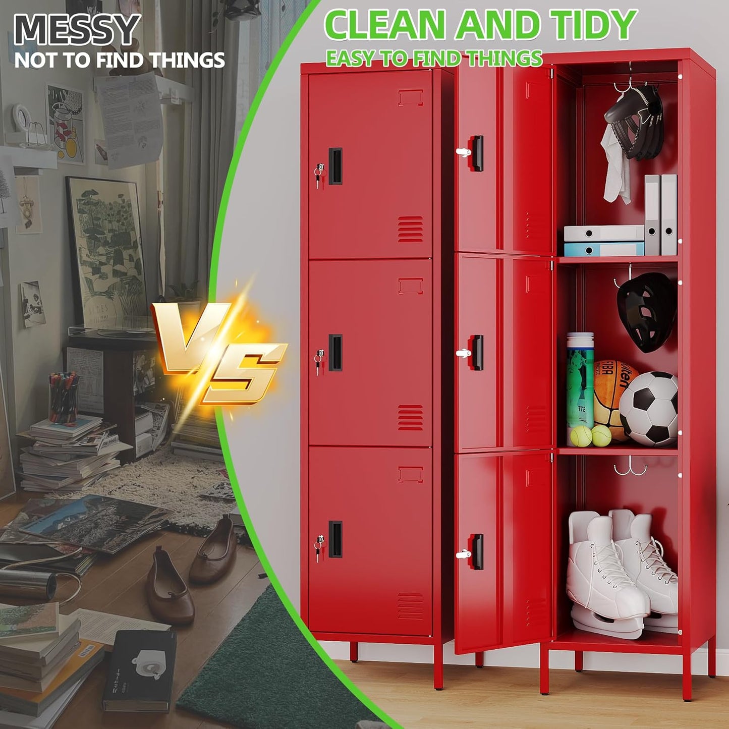 Metal Locker with Hooks and Ventilation Holes,Metal Storage Locker with Keys and Business Card Slof for Home,Gym,Garage,School,Office,66" H x 15.75" W x 15.75" D,Assembly Required,Red