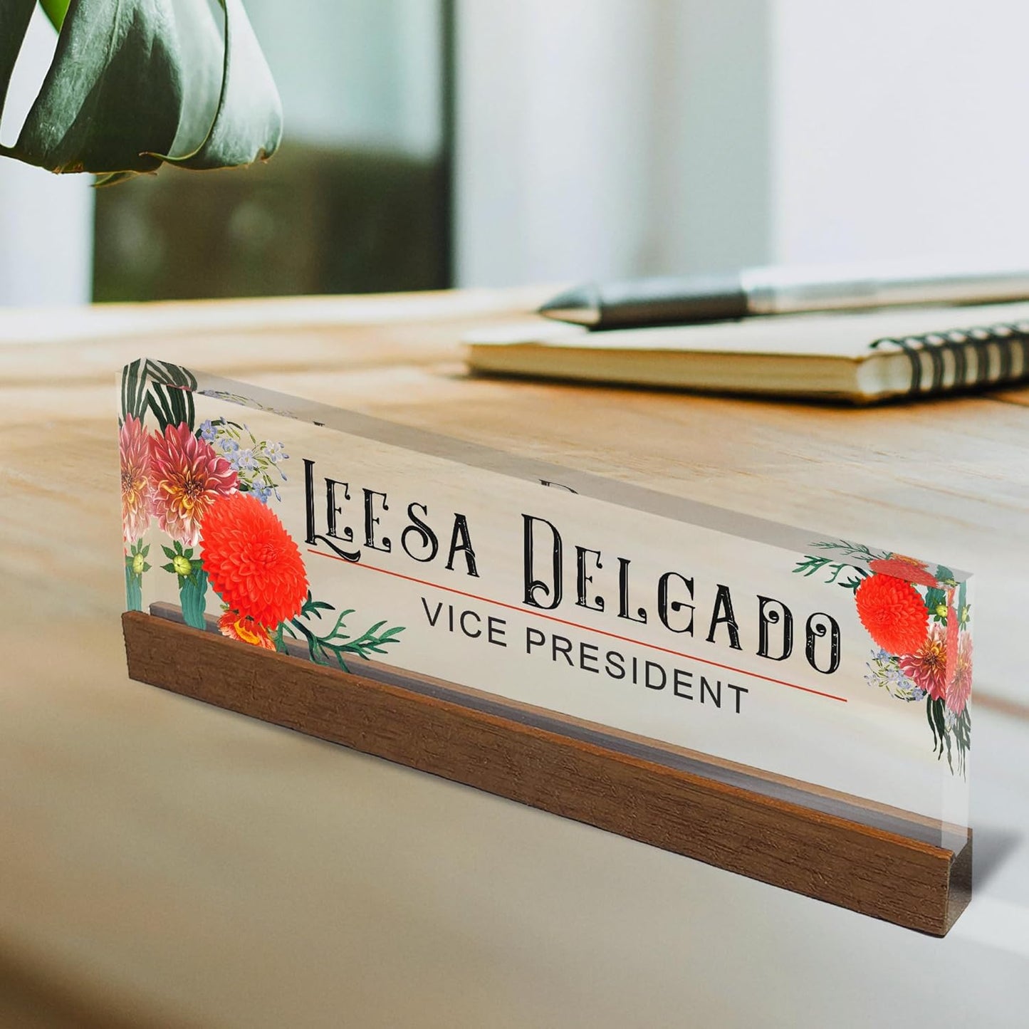 Artblox Office Personalized Name Plate for Desk with Business Card Holder On Clear Acrylic Glass Autumn Flowers Design Custom Desk Name Plate with Your Name and Credentials Customized Gift