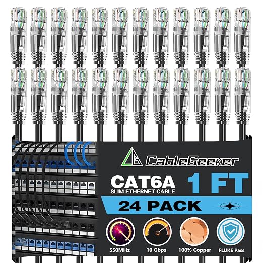 CableGeeker Patch Cables Cat6a 1ft Slim, Cat6 Ethernet Patch Cable 10G Support by CableGeeker