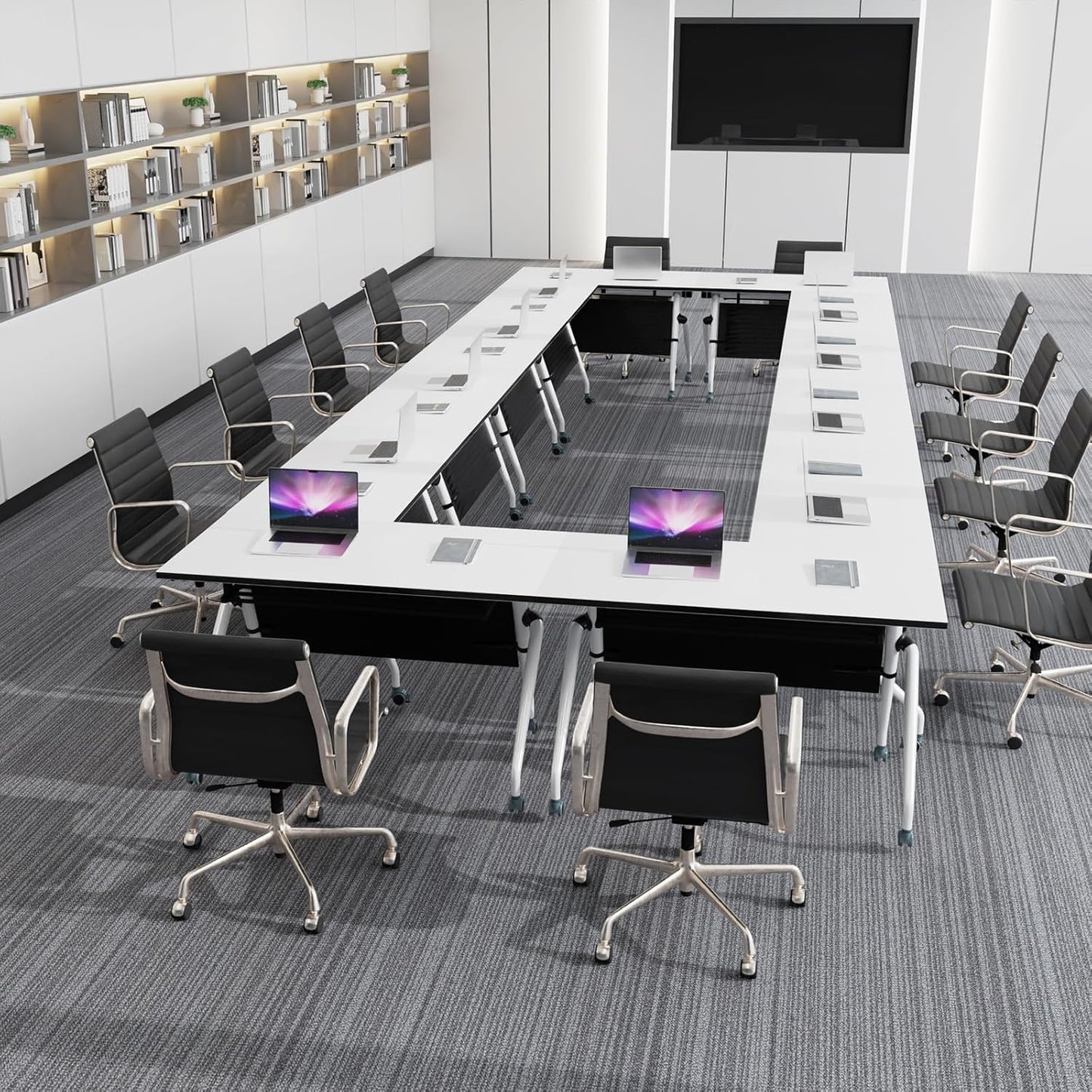 Conference Table, Folding Conference Room Tables, Mobile Training Tables with Silent Wheels, Large Rectangular Modular Seminar Table Office Computer Desks for Classroom White (6Pack L70.9in)