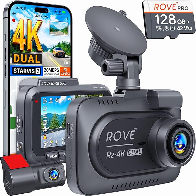 ROVE R2-4K DUAL Dash Cam Front and Rear, STARVIS 2 Sensor, FREE 128GB Card by ROVE