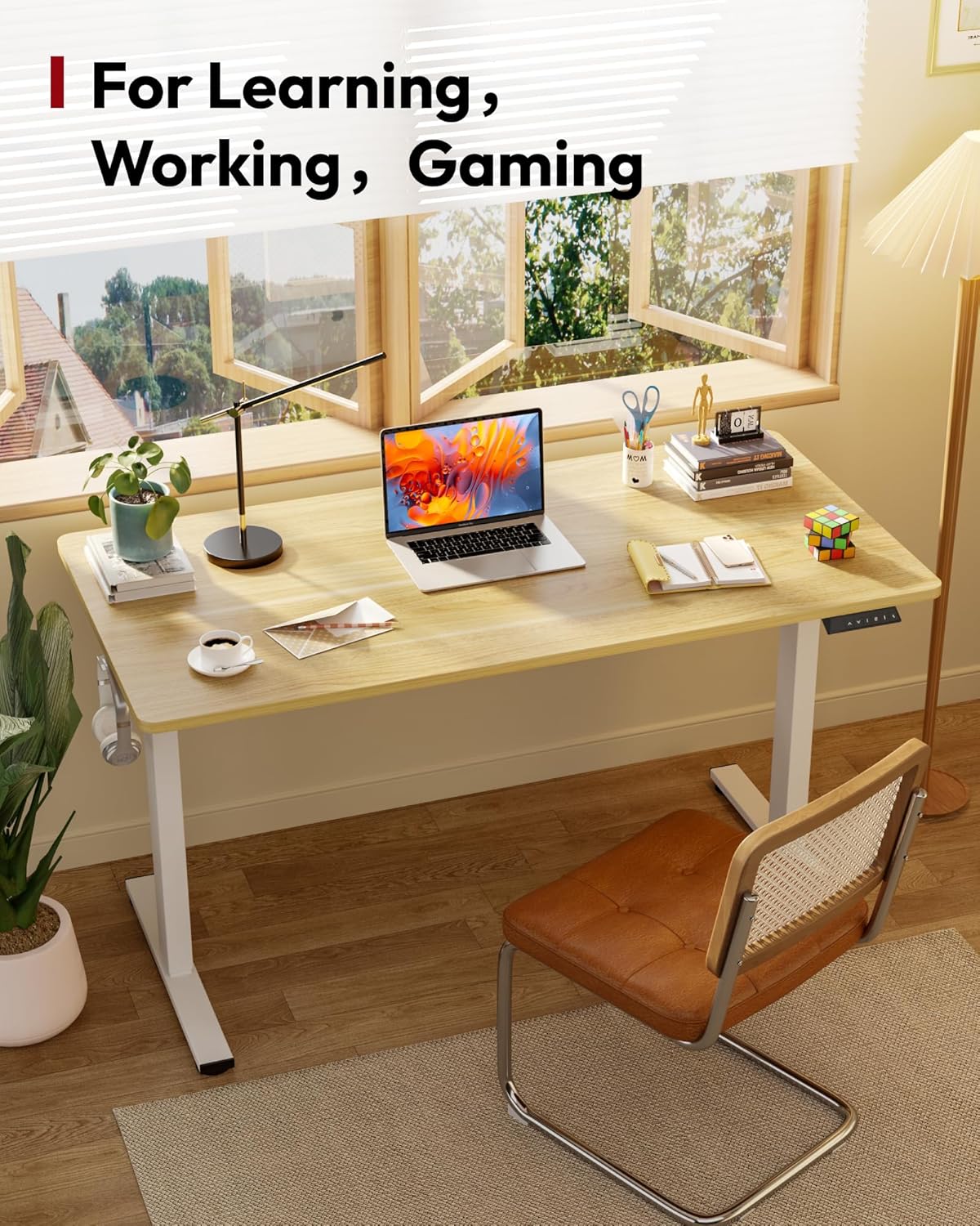 SANODESK Electric Standing Desk 55 x 28 Inches Whole-Piece Desktop Height Adjustable Stand Up Desk w/6-Button Controller Ergonomic Computer Desk for Home Office, White Frame + Natural Tabletop