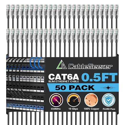 CableGeeker Patch Cables Cat6a 0.5ft Slim, Cat6 Ethernet Patch Cable 10G Support by CableGeeker